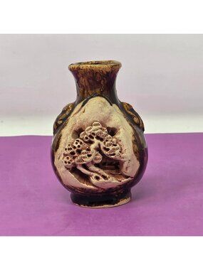 Handcrafted Ceramic Vase Sculpted Tree Design Brown & Beige Glaze Rustic Accent
